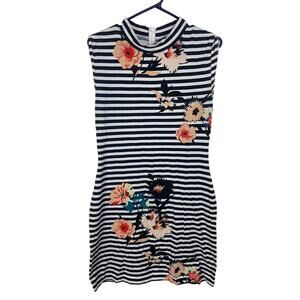 French Connection Women Black and White Stripe Floral High Neck Sleeveless Dress